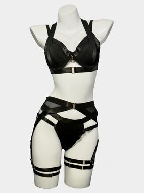 Black Strappy Bra & Harness Lingerie Set